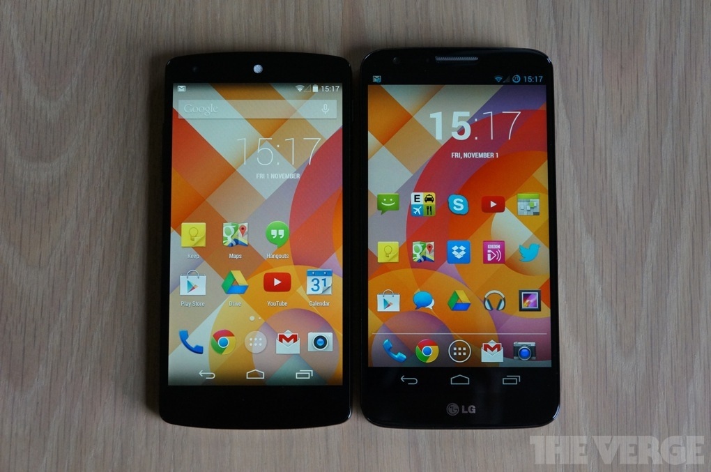 Nexus 5 LG G2 сравнение вид спереди